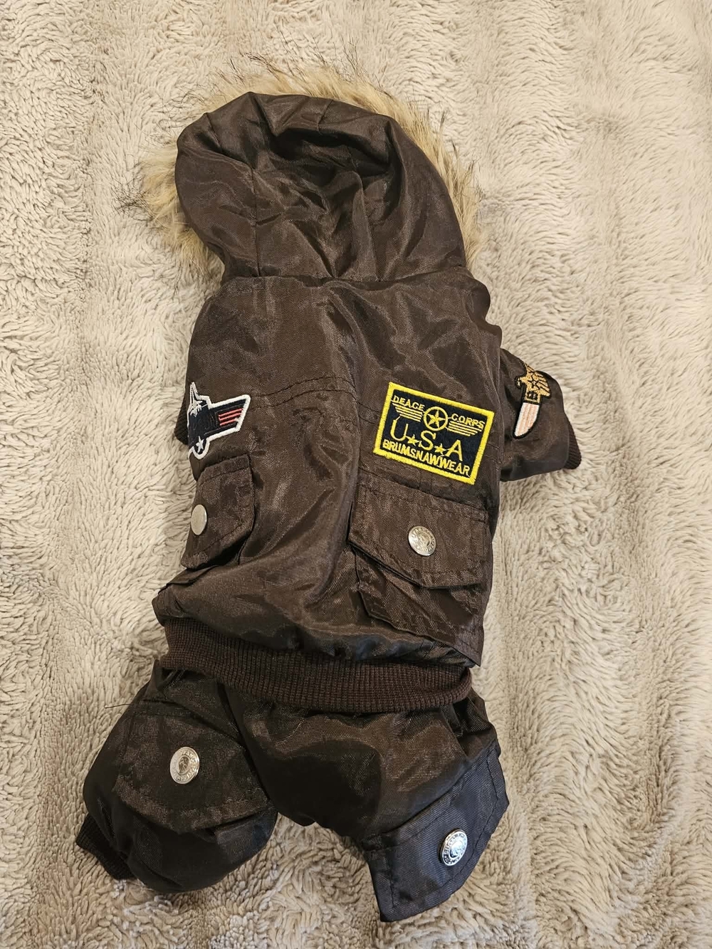 Kids Brown Hooded Flight-Style Jacket with Patches